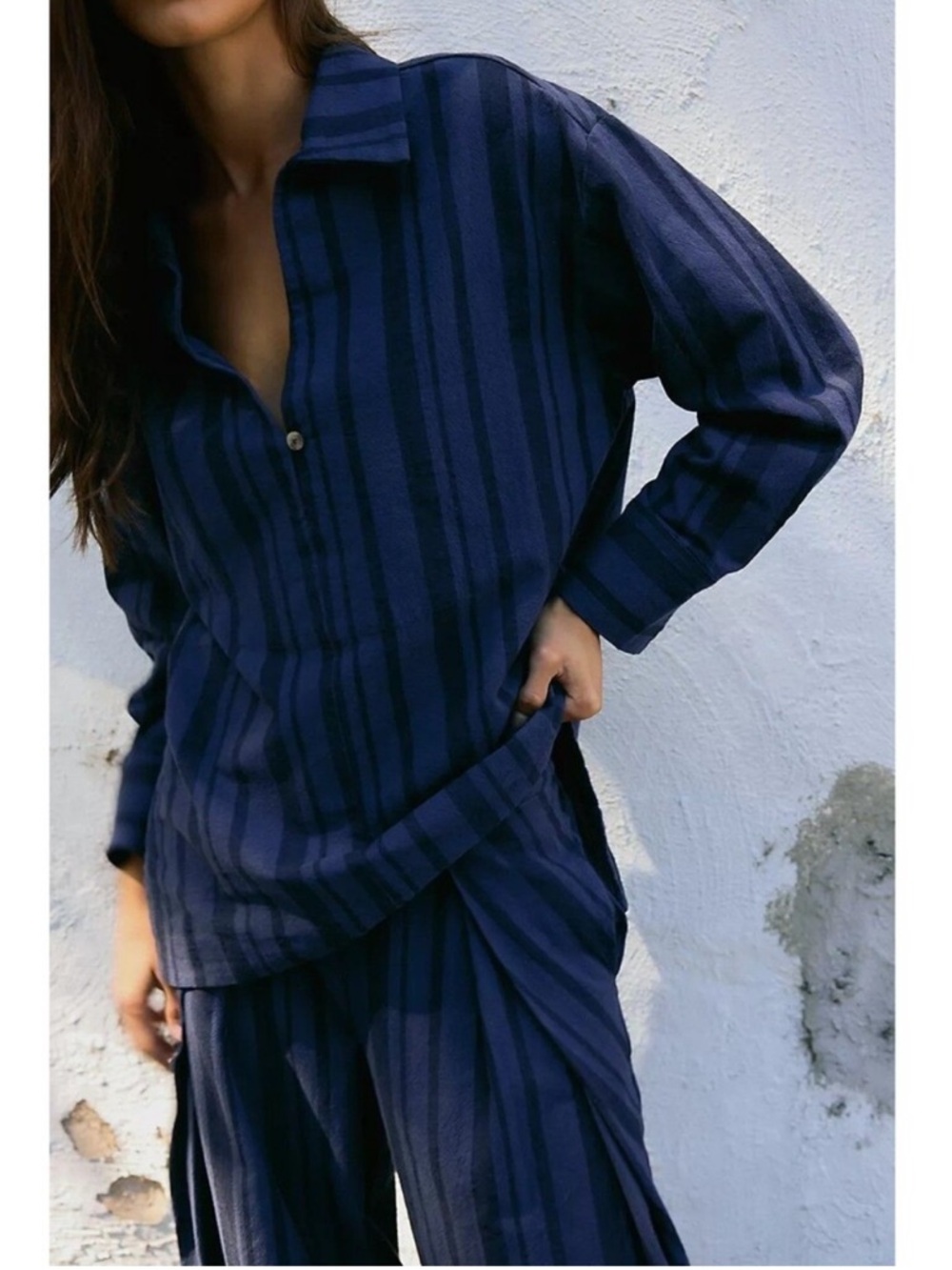 Free People Free-Est Fallon Tunic Top Collared Oversized Striped Lagenlook Med